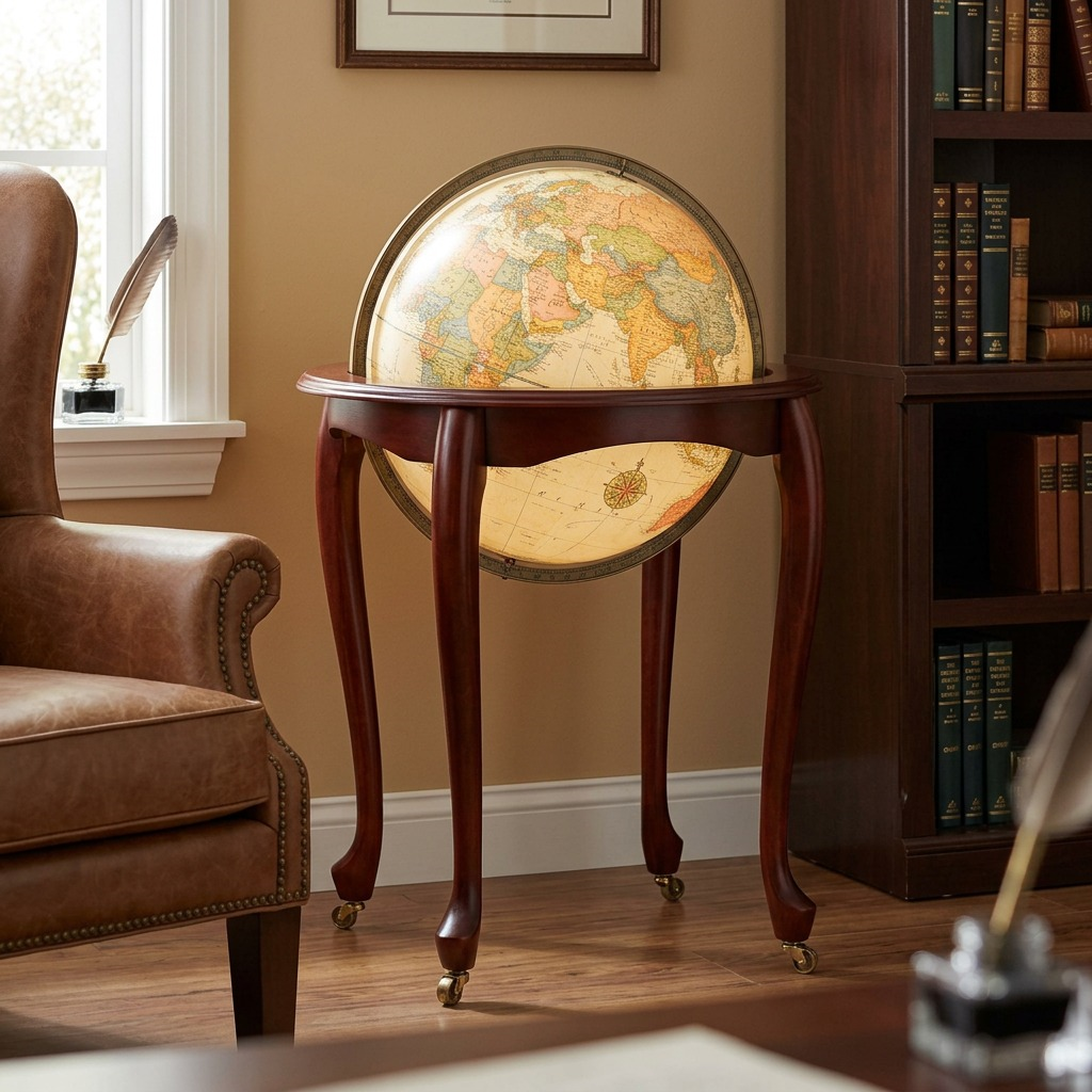 A photorealistic lifestyle image of the Queen Anne floor globe in a traditional classsy mahogany study.