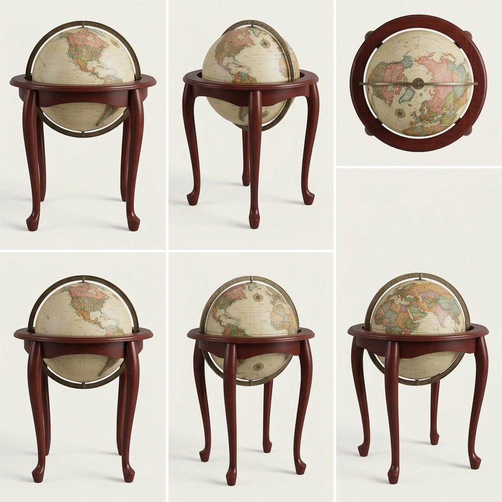 A 3x3 grid of product images, showcasing the Queen Anne floor globe from multiple angles.