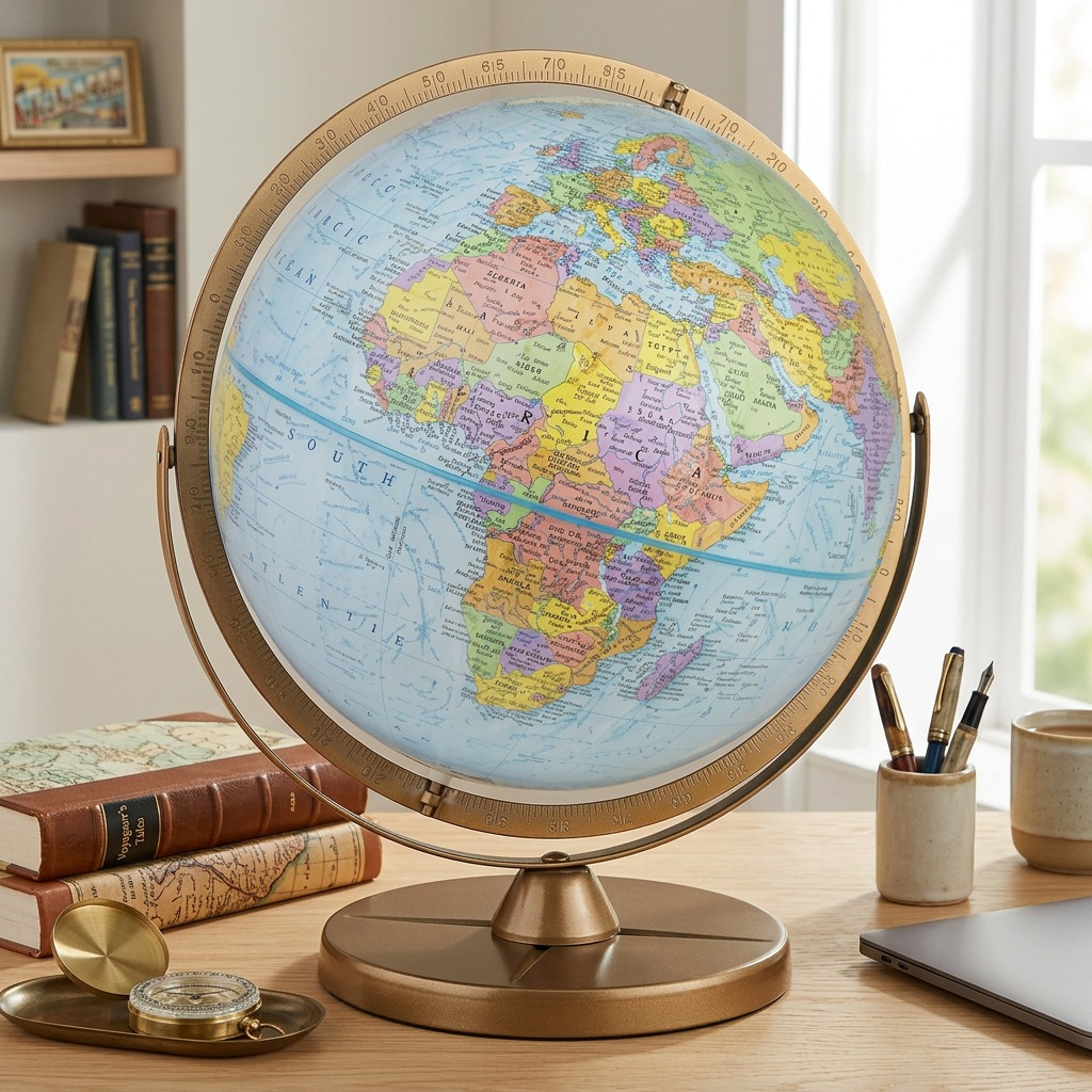 A close-up photograph of the 12-inch Replogle Pioneer Globe in French on a wood desk with natural light.
