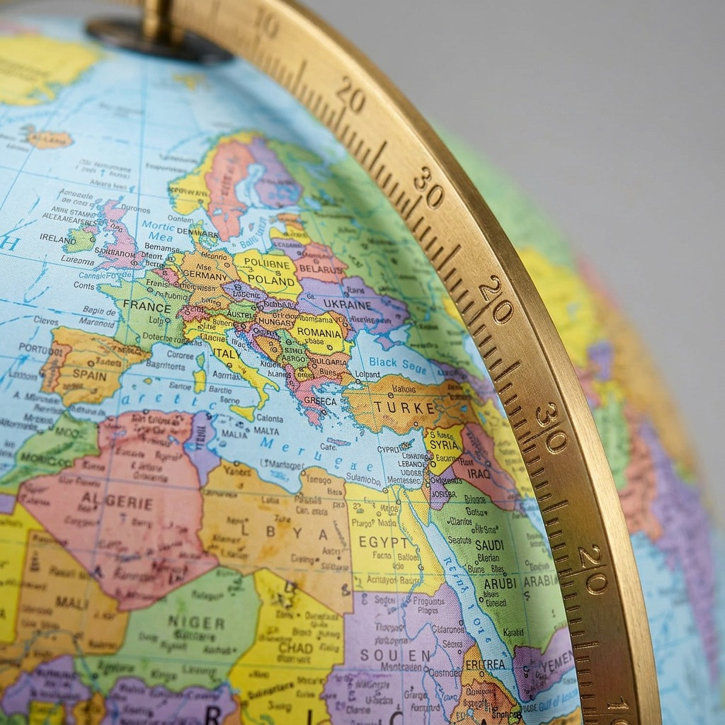 Extreme close-up macro photograph focusing on the textured Replogle Pioneer globe surface and the etched markings of its brass-plated metal full meridian. Realistic depth of field.<ctrl46>