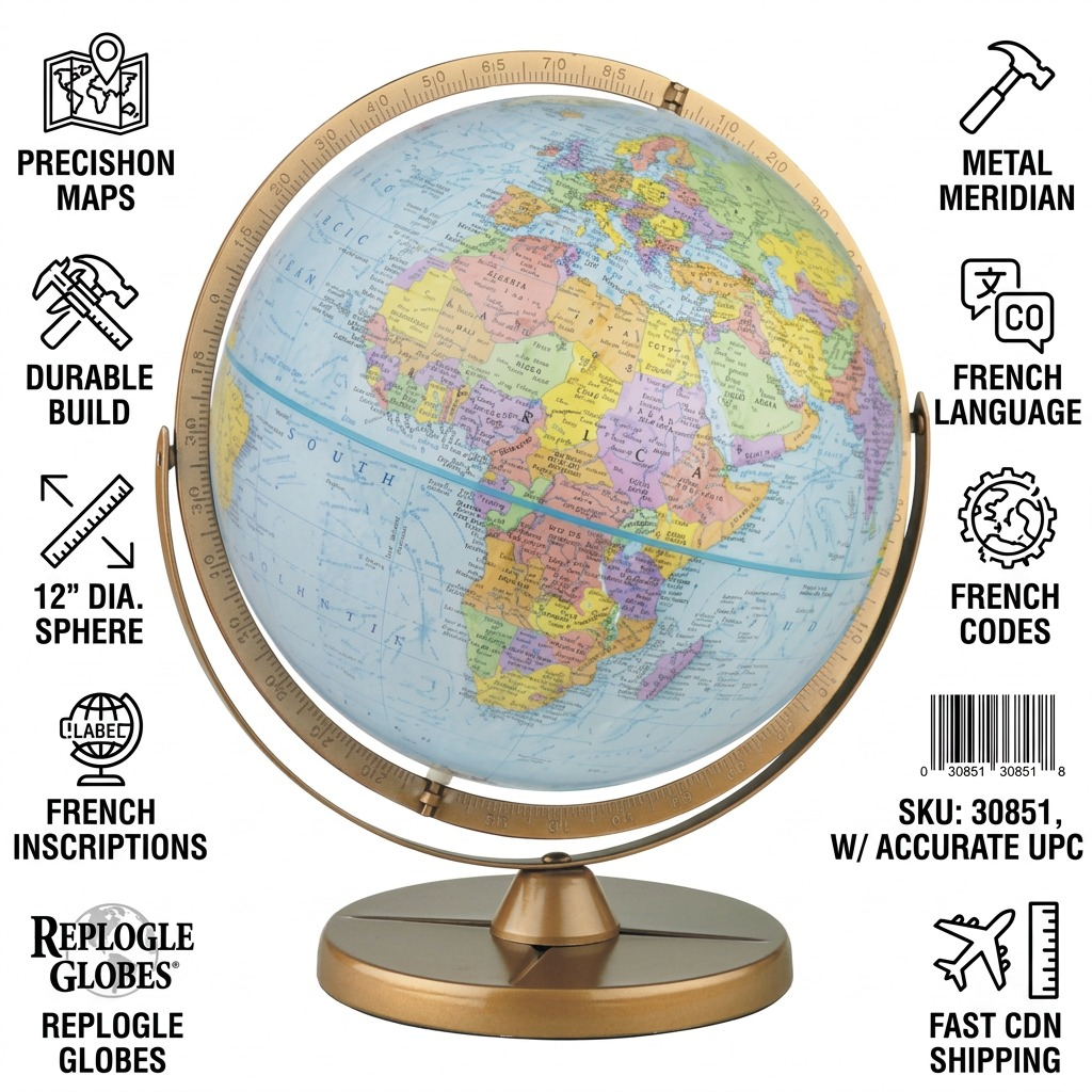 Infographic matrix for the Replogle Pioneer Globe features factual cues with icons about its build, material, features, French language, and fast Canadian shipping.