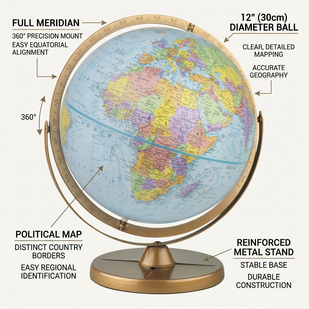 Replogle Pioneer Globe feature callout graphic detailing its full meridian, mapping, and durable base.