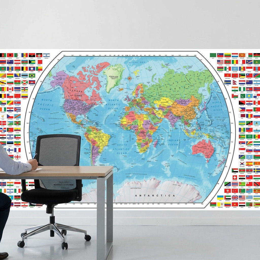 A professional workspace with the large Replogle world map displayer mounted on a white wall. The map's details, including country flags and French labels, are sharp. In the foreground, a modern desk holds supplies, with an ergonomic chair and a person's hand with a pen, providing a clear scale reference. Bright, natural light illuminates the clean environment, emphasizing the product's large size.