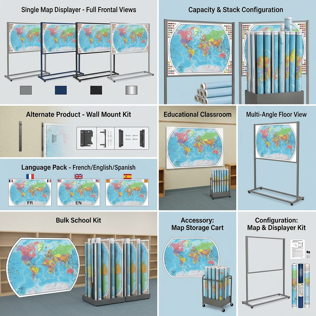 An eight-panel eCommerce variant grid for the Replogle World Map Displayer, showcasing various configurations, maps, and base options.