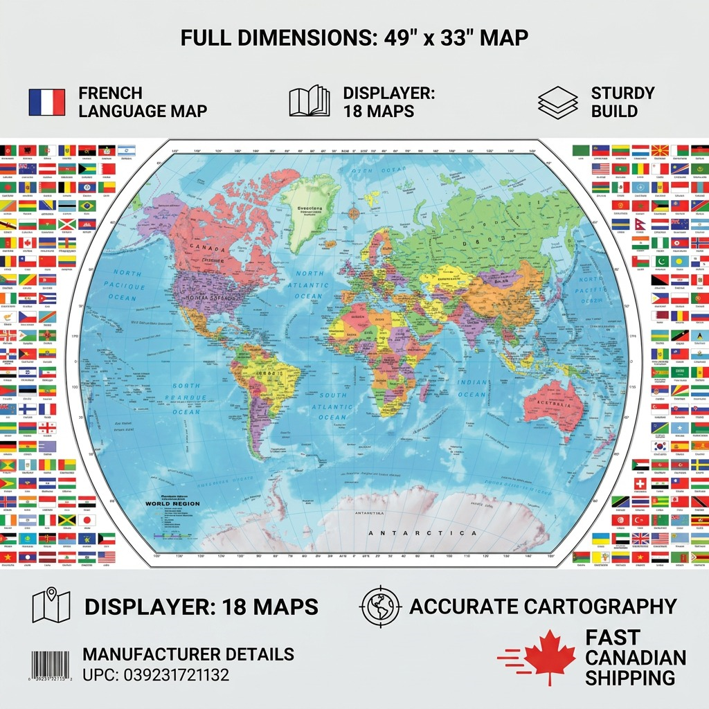 Reliable info graphic for French world map displayer, showcasing features, build, and fast Canadian shipping.