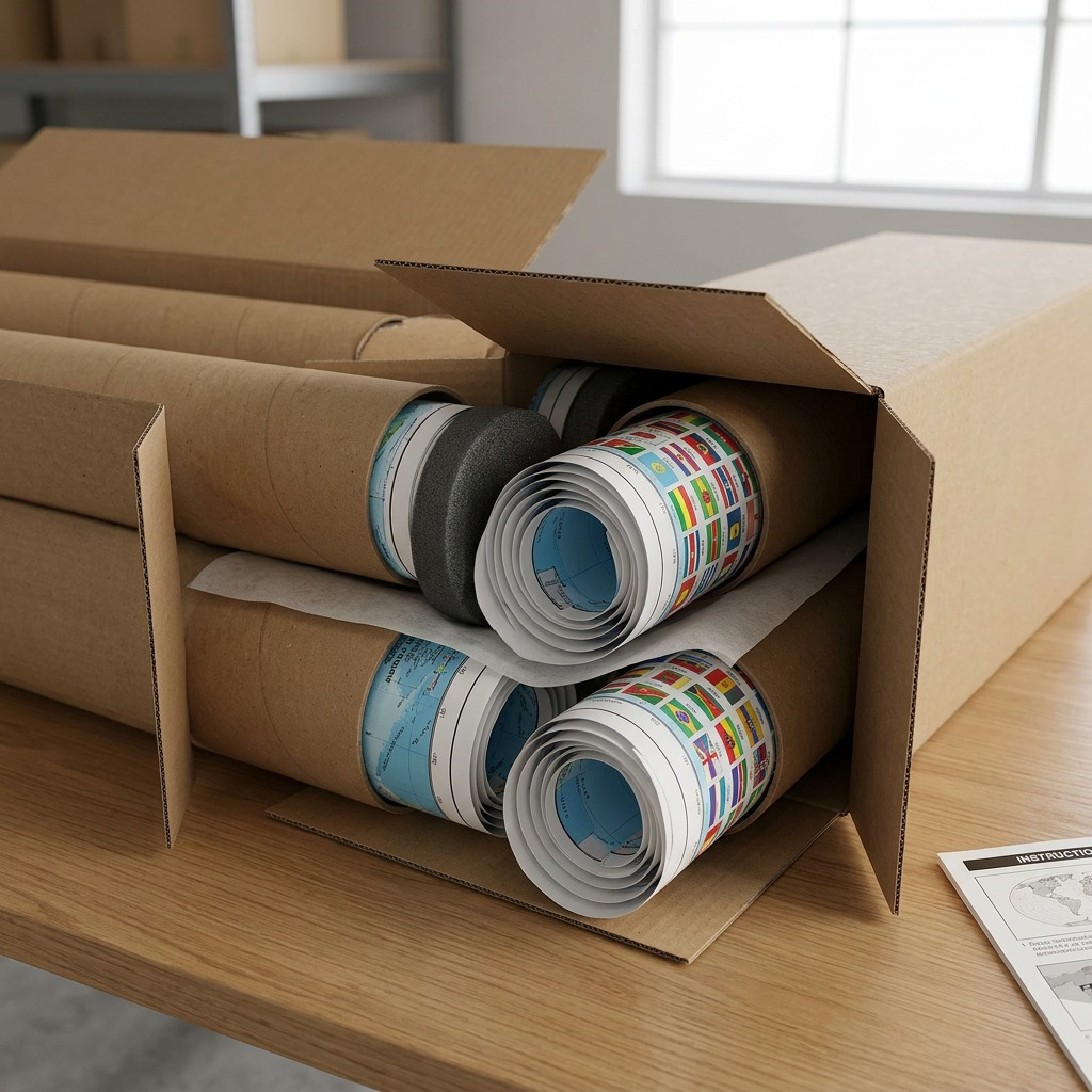 Rolled map displayers in open shipping tube, showing secure packaging and foam inserts for protection.