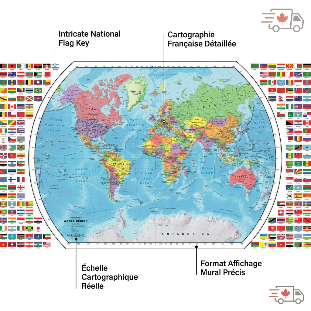 Replogle world map display graphic with feature callouts and Canadian shipping icons.