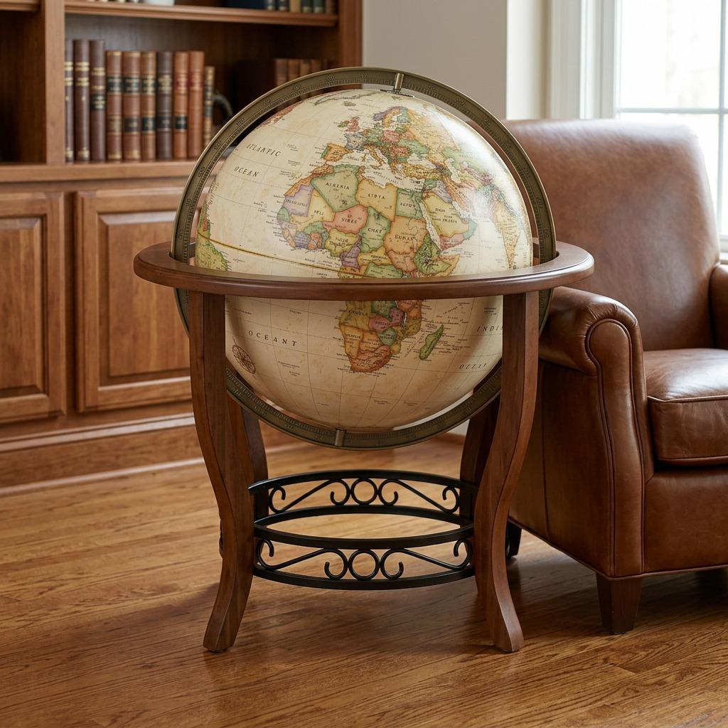 A to-scale photograph of the Garrison globe on a floor, next to a leather chair and bookshelf for size.