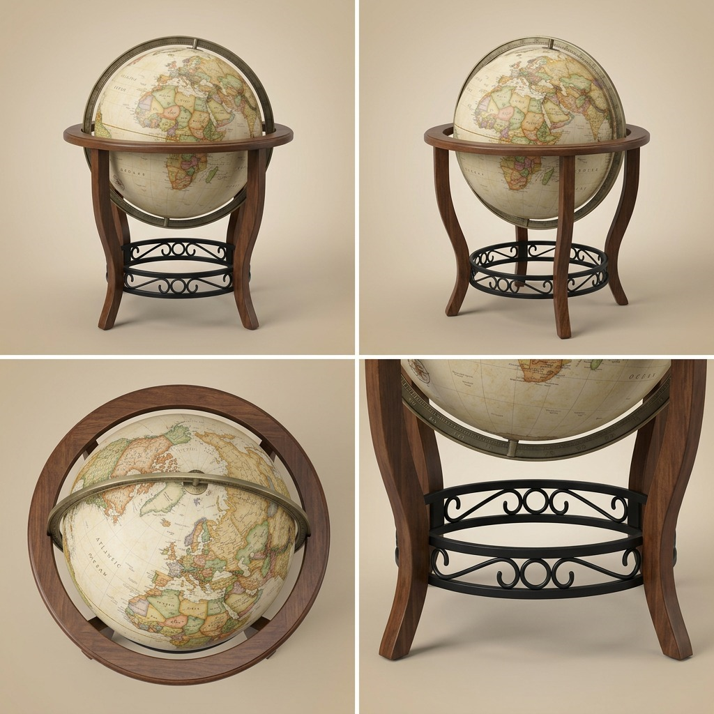 A premium floor globe showcased in four angles within a grid on a brand-aligned background.
