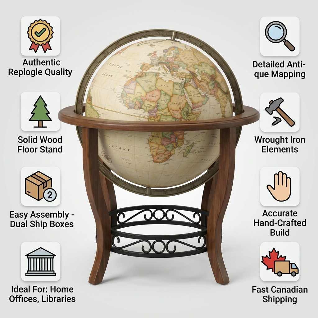 Detailed infographic showcasing the Garrison globe's antique-style design, solid wood stand, and detailed mapping.