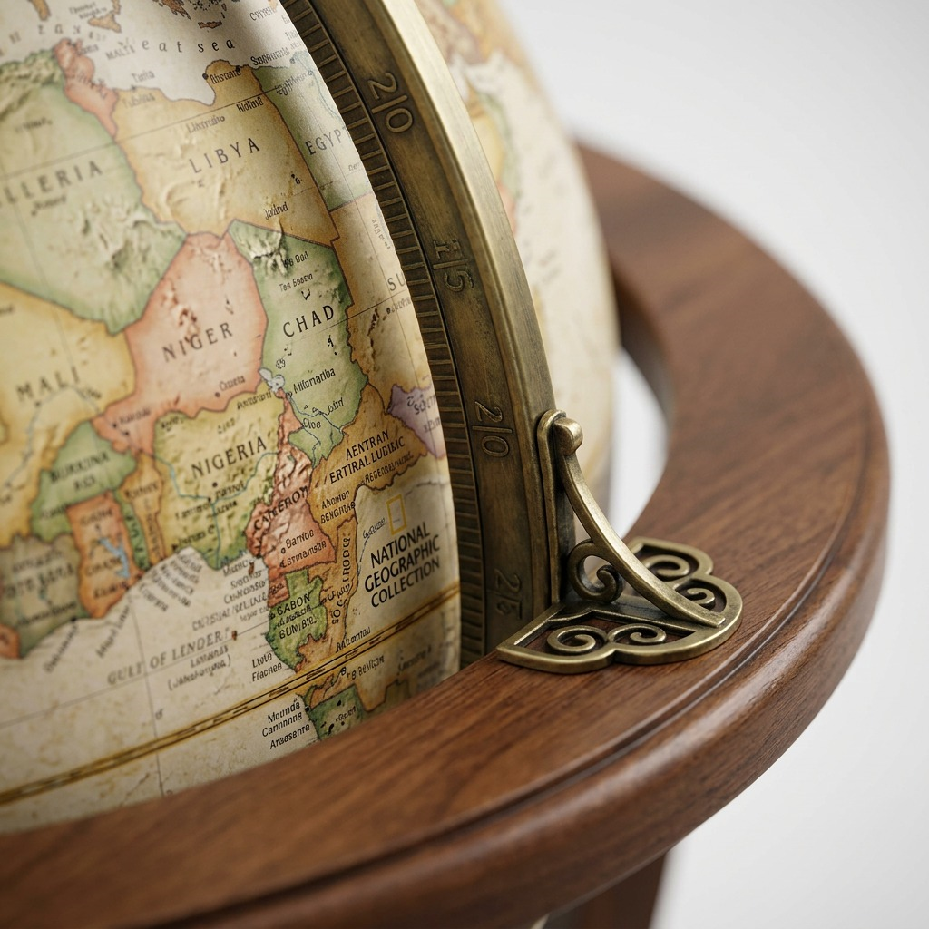 Detailed macro photo showing the texture of the antique-style globe surface & metal meridian.