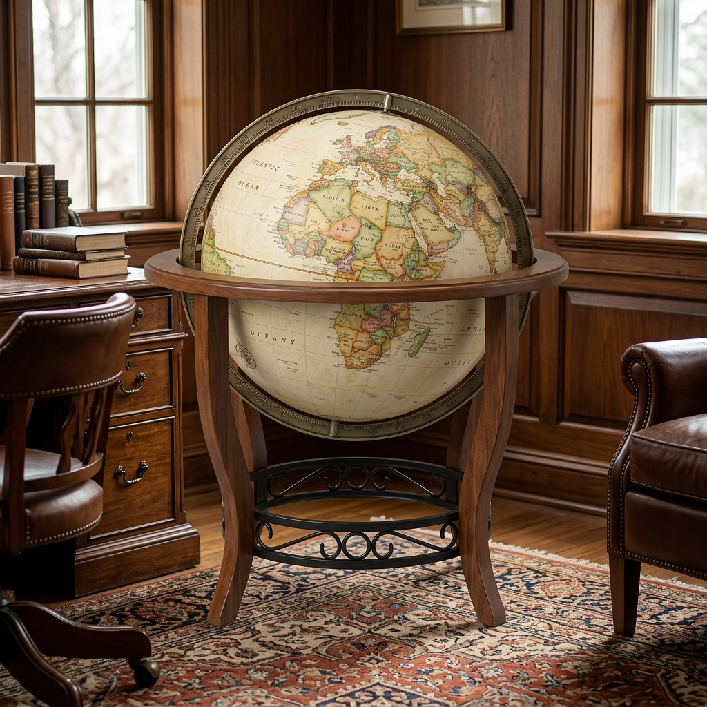 Lifestyle image of the Garrison floor globe centered in a classic, wood-paneled library.