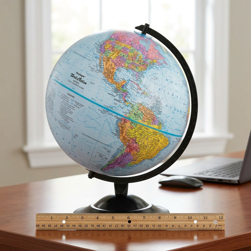 A blue Replogle desk globe on a wooden desk with a 12-inch ruler providing a real-world scale reference.