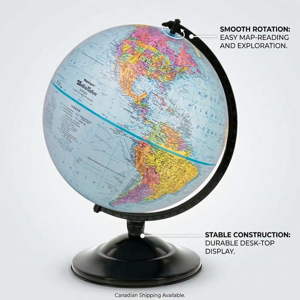 A clean ecommerce graphic of the Replogle World Nation 12-inch desk globe, with callouts for the durable black metal base and the smooth rotation feature.