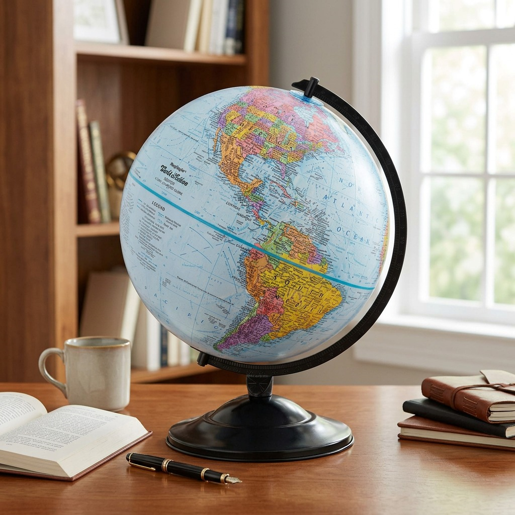 replogle 12" world nation desk globe, blue ocean, black base, lifestyle setting, desk