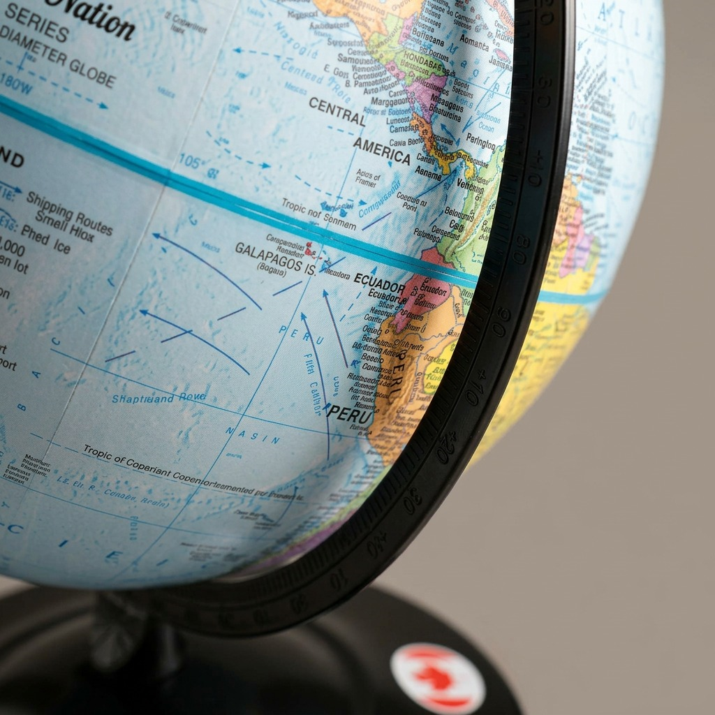 Replogle 12-inch desk globe macro detailing blue ocean, text, lines, black meridian, black base.