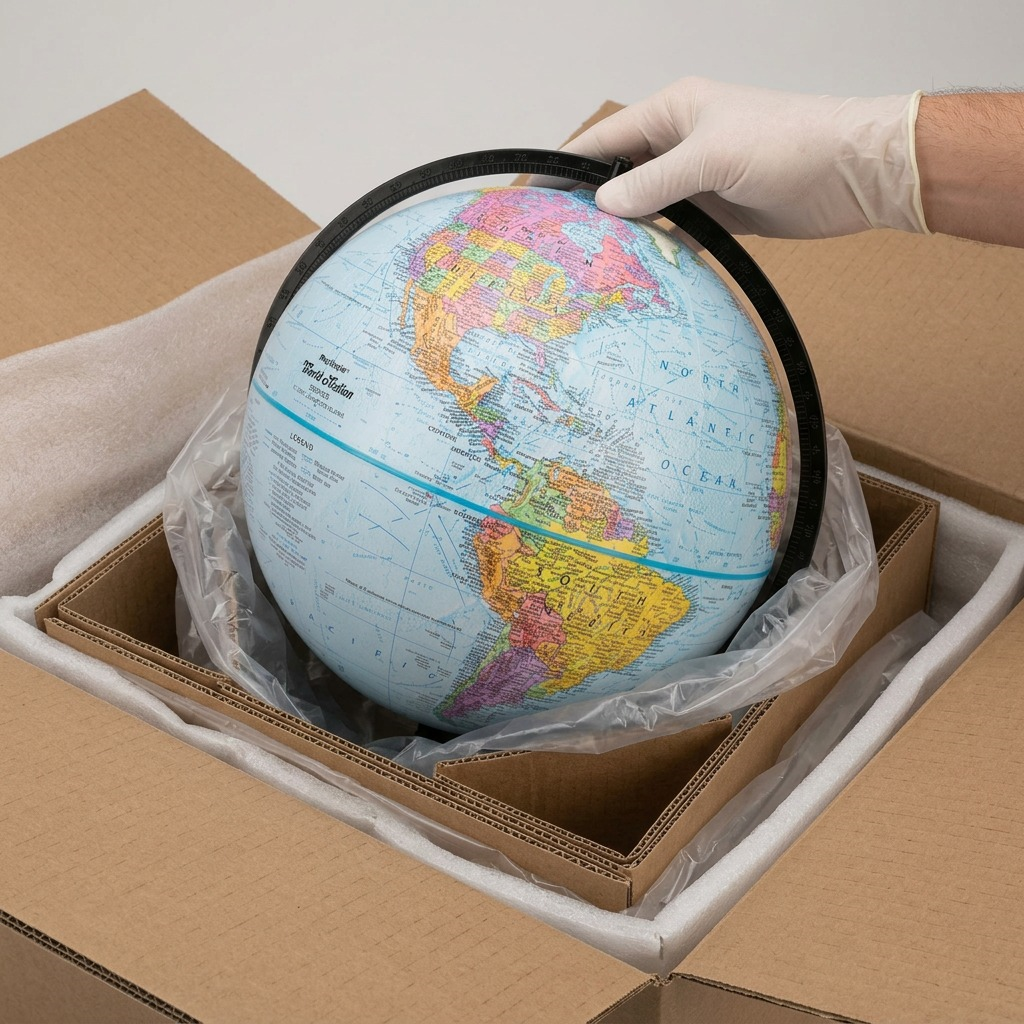 Confidence-inspiring unboxing: The Replogle World Nation desktop globe arrives securely padded with eco-friendly protective cardboard inserts and clear wrapping.