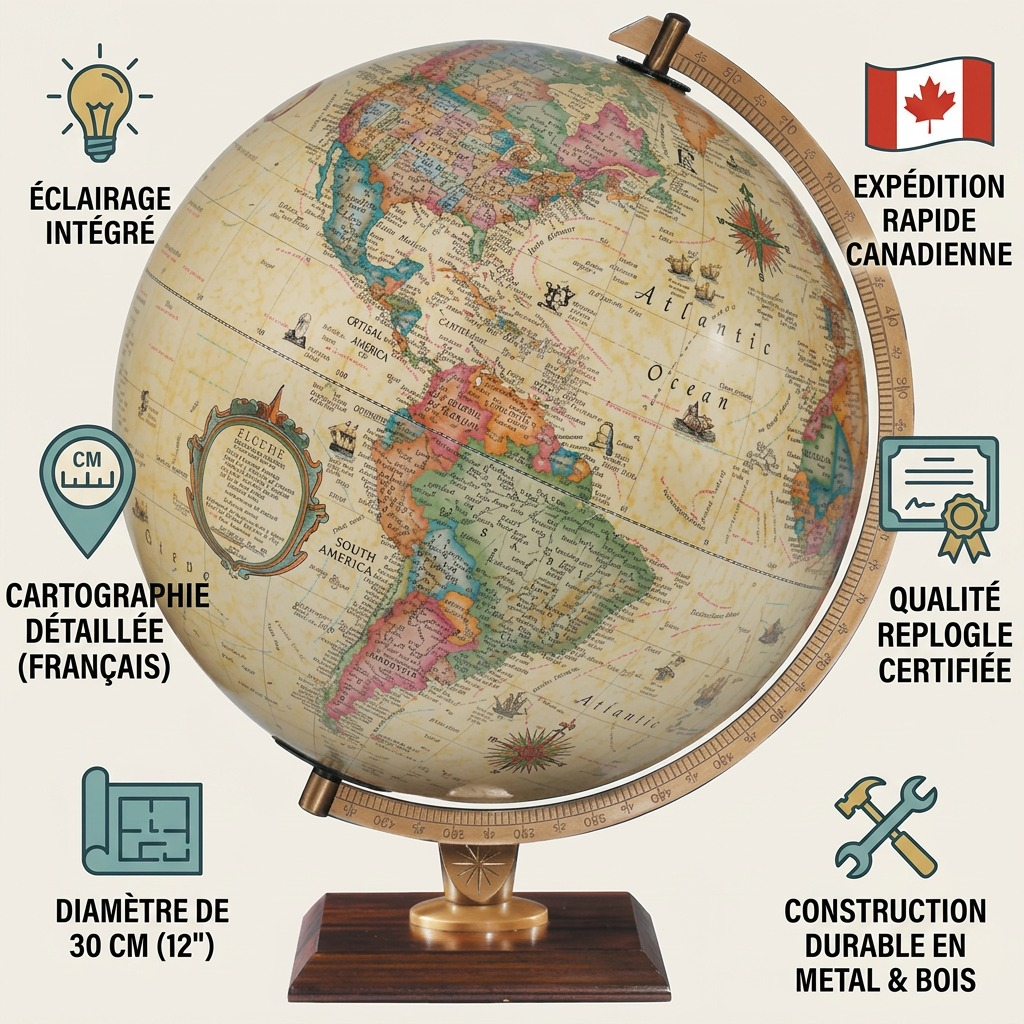 An infographic for the Carlyle desk globe, emphasizing quality build, illuminated features, fast Canadian shipping, French text, and accurate mapping with trust icons.