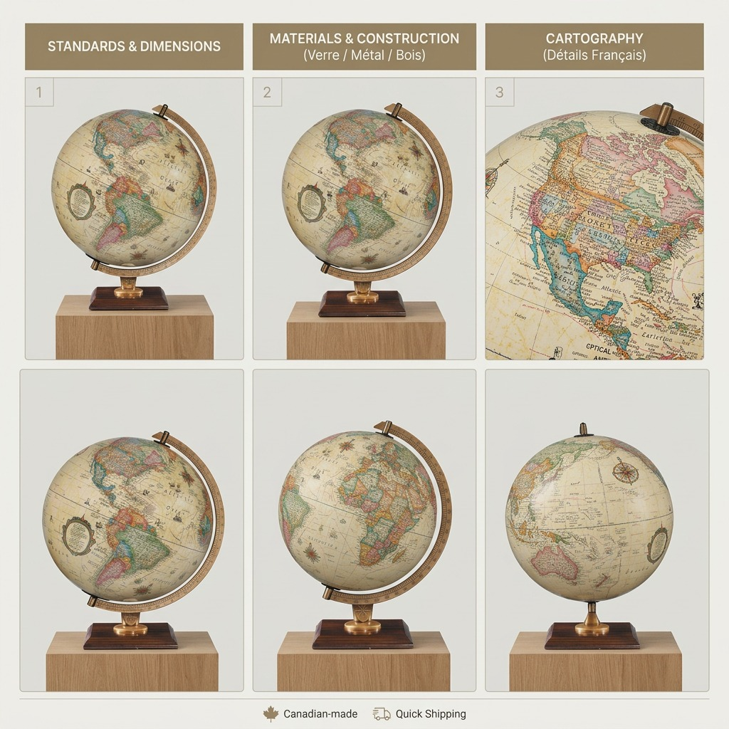 A premium grid displaying three different view angles of the Replogle Carlyle 12-inch desk globe against a light grey background.