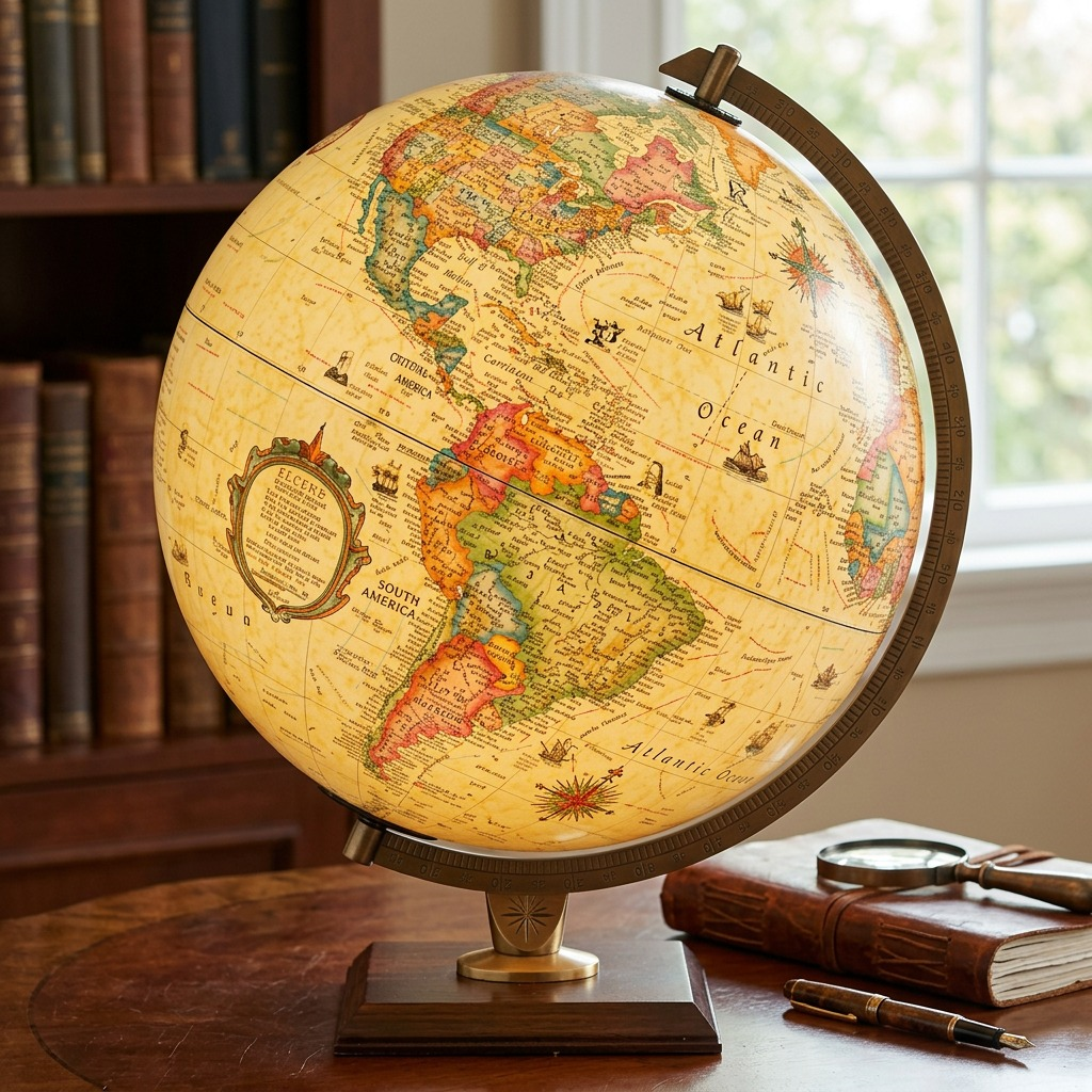Lifestyle photo of the antique illuminated Carlyle desk globe glowing on a wooden library table, showing North America.