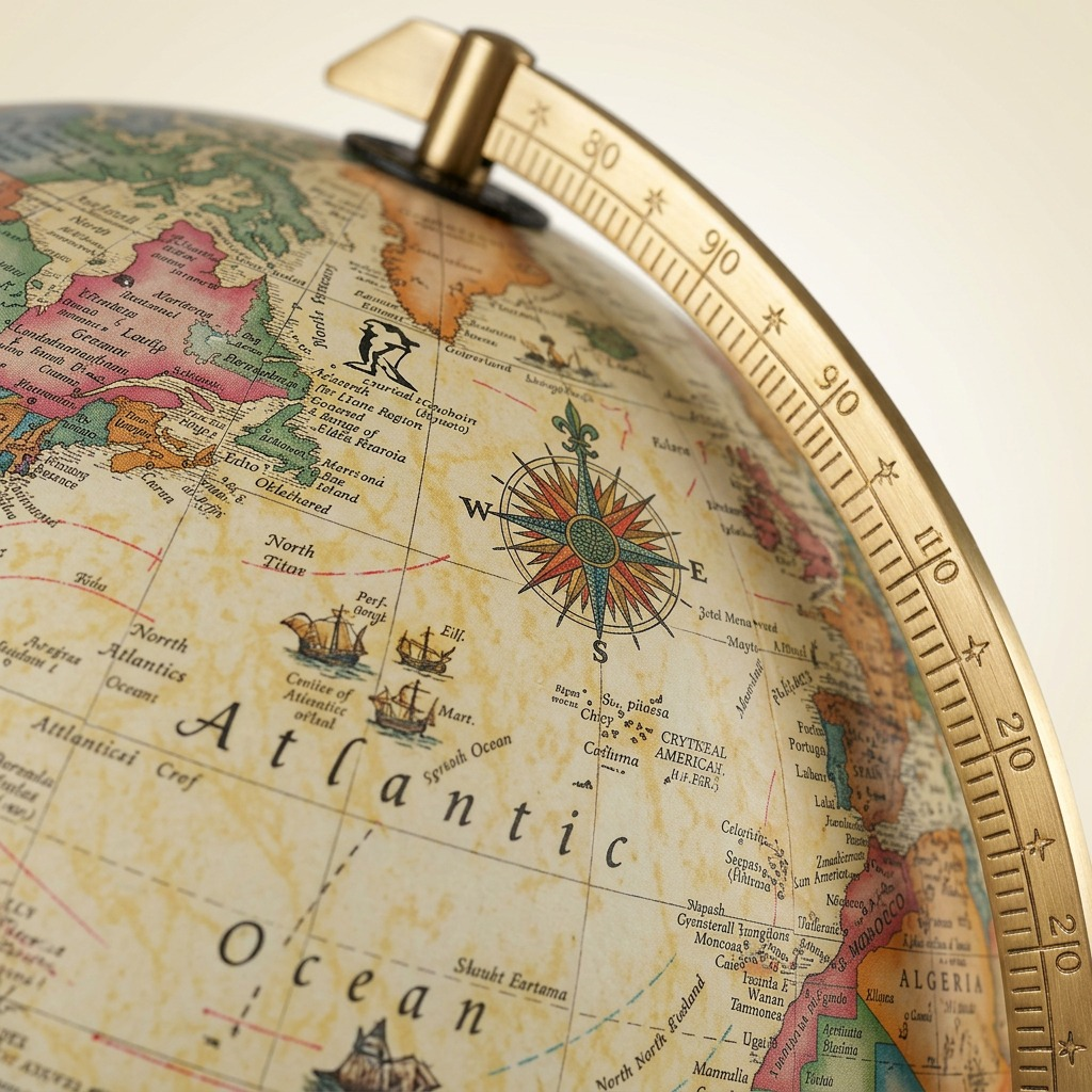 Macro photograph focusing on the detailed print of the antique-style map, gold-finish meridian, and a compass rose.