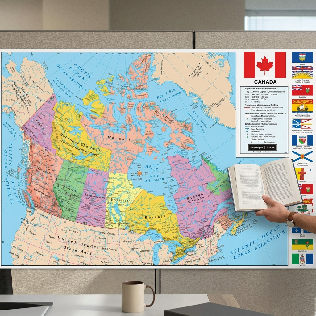 A close-up shot of the Replogle Globes Canada Wall Map (72117) displayed on a wall, positioned next to a human hand holding an open smartphone for size reference.