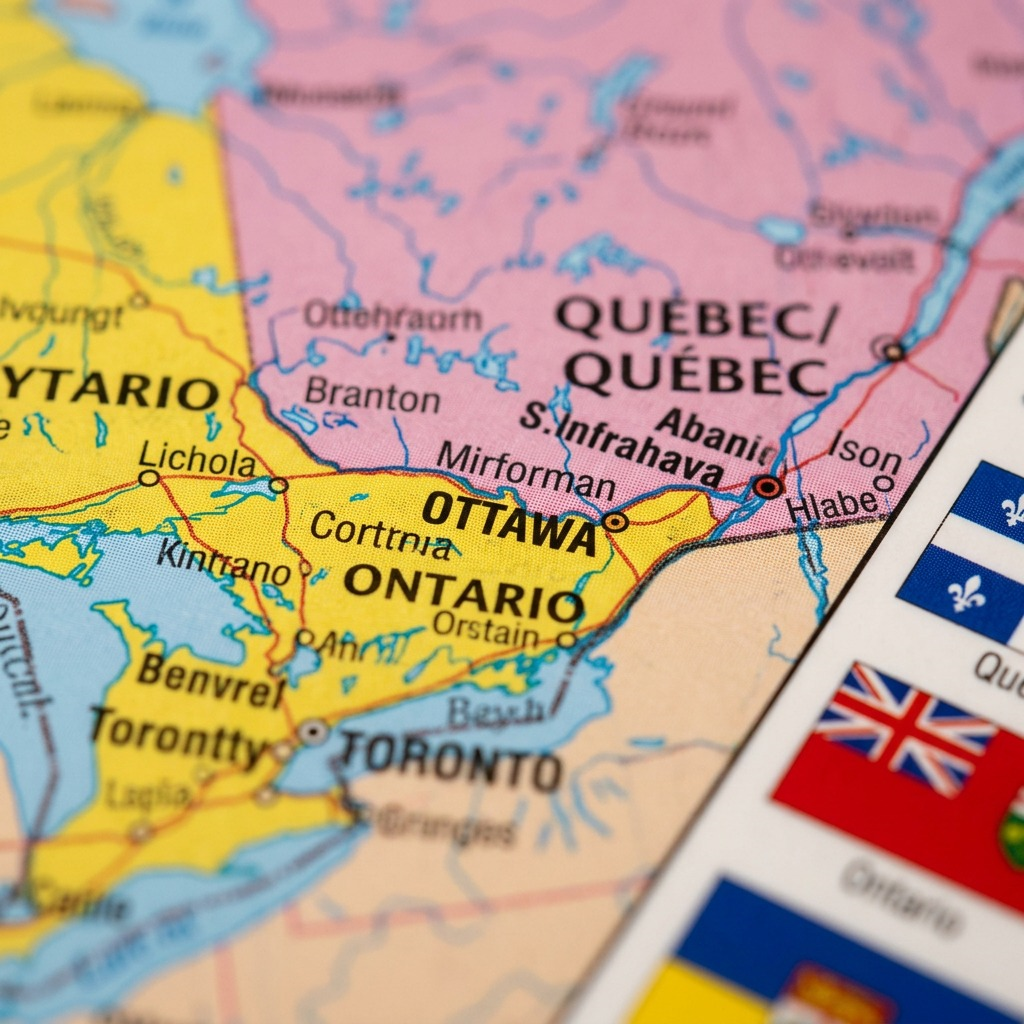 Extreme close-up of a laminated, durable map surface showing a precise geographic text intersection. Note the clear, fine-line cartography, crisp black English and French text labels, and vibrant province-specific colors. Grain and matte finish visible.