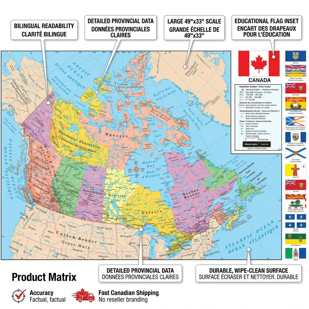 A Replogle 72117 map graphic showcasing features like bilingual text, detailed data, and durable surface.