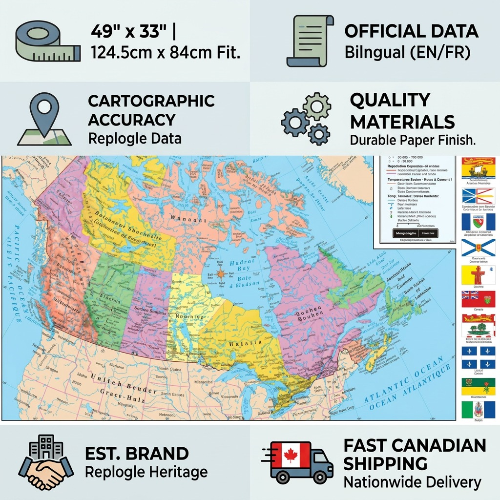 Alt Text: An informative infographic showing features, material quality, and fast shipping for the Replogle Canada wall map.