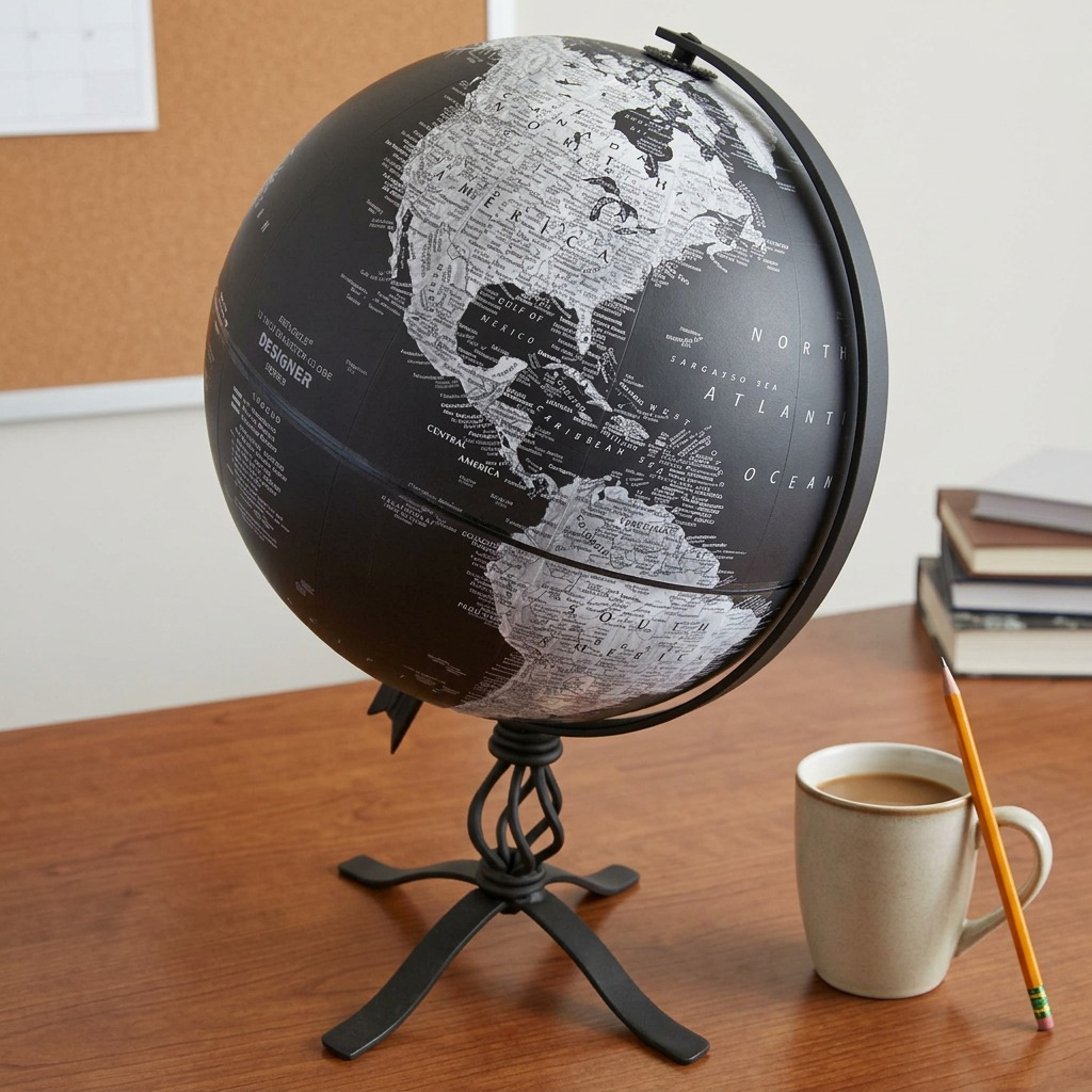The Hamilton Black globe stands on a desk beside a ceramic mug and pencil for context.