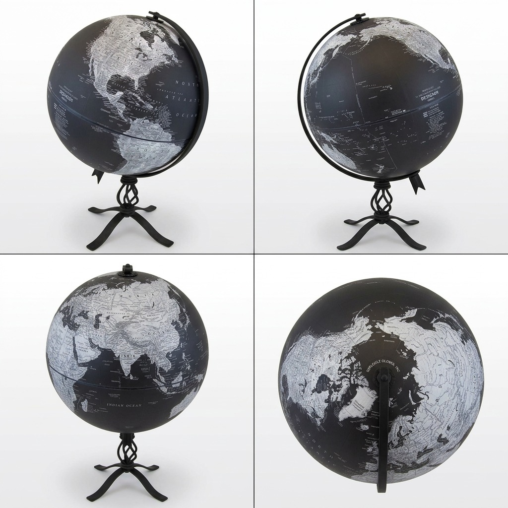 A clean grid visual matrix showing the Replogle Hamilton Black globe from front, profile, and three-quarter rear perspectives.