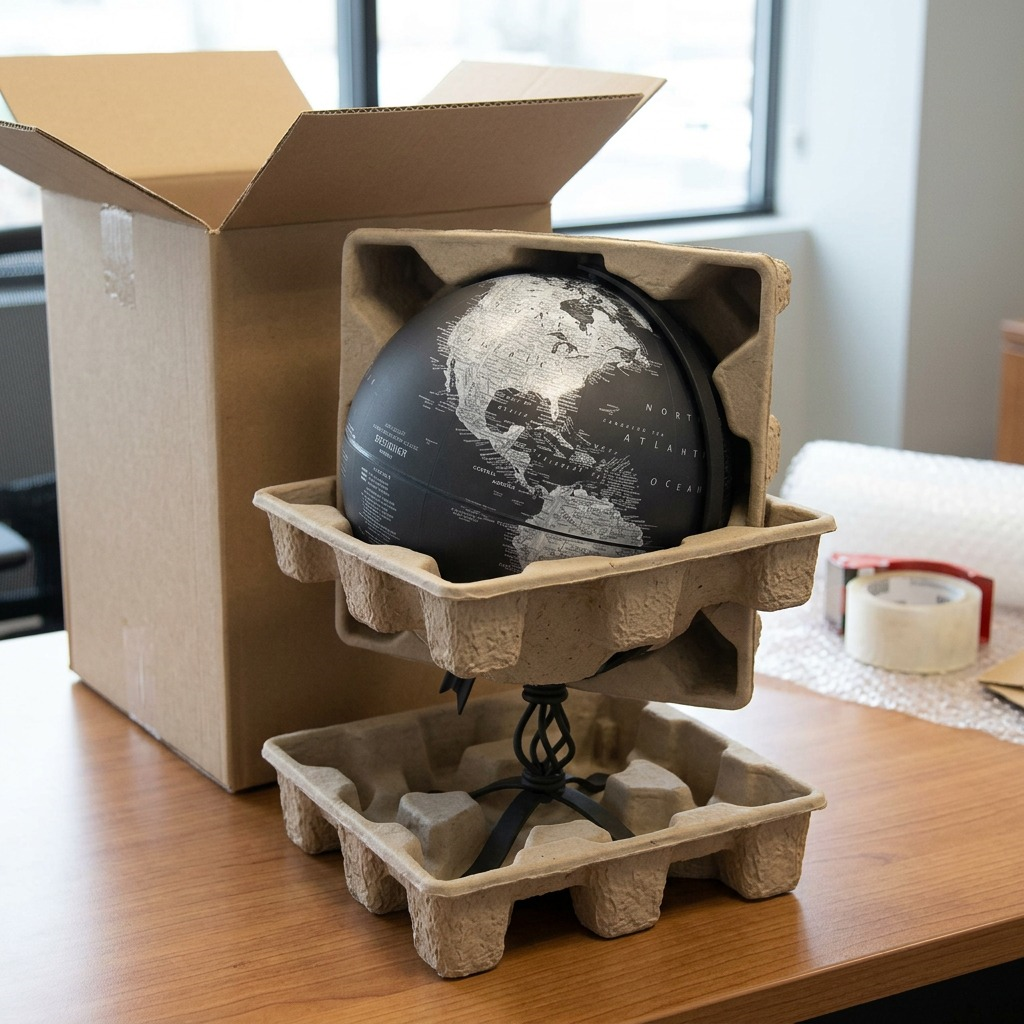 Replogle Hamilton (35528) globe in protective shipping packaging on workspace.