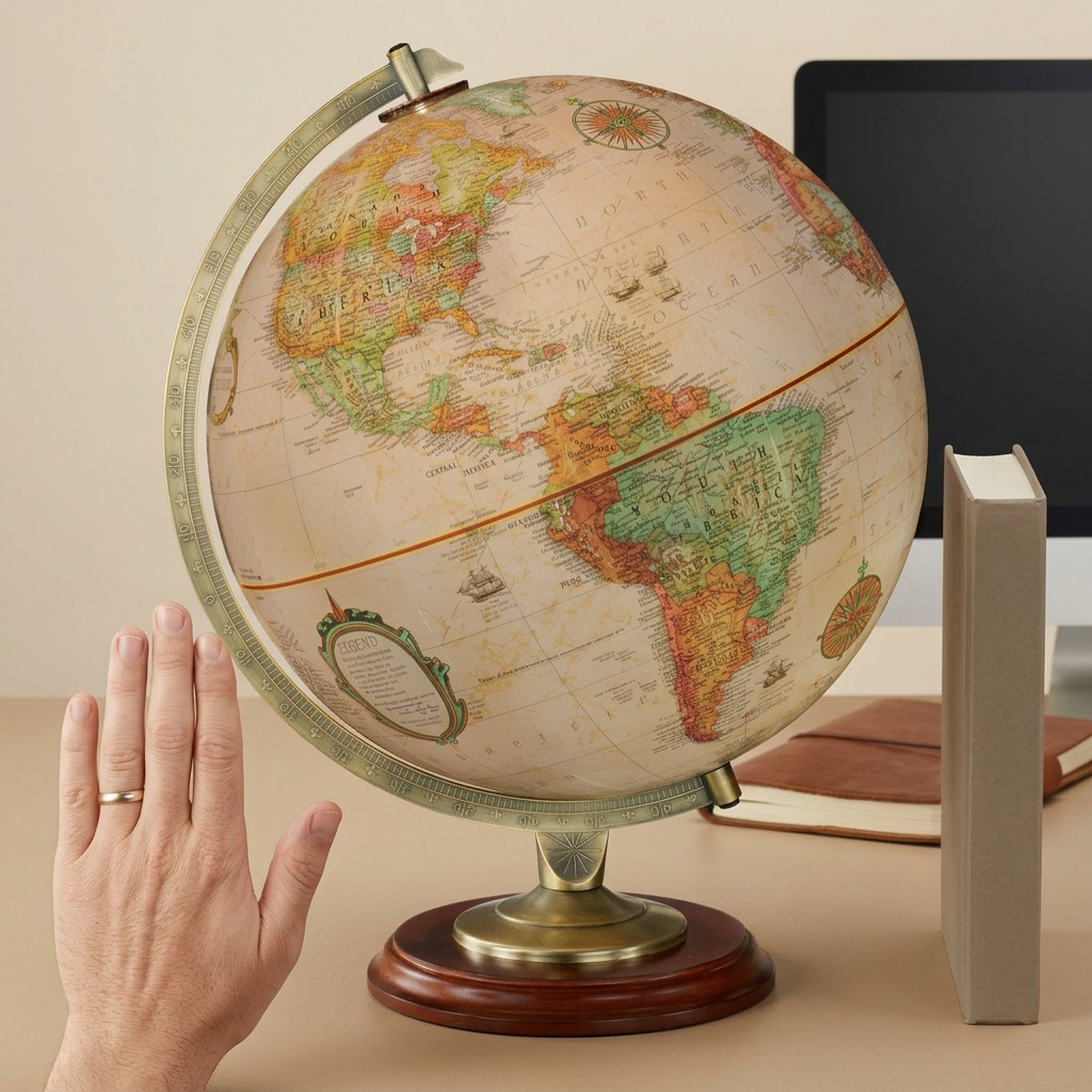 A scale-reference product shot showing the Replogle Kingston 12" diameter antique ocean globe against a realistic wooden desk, alongside a standard paperback book and leather-bound notebook.