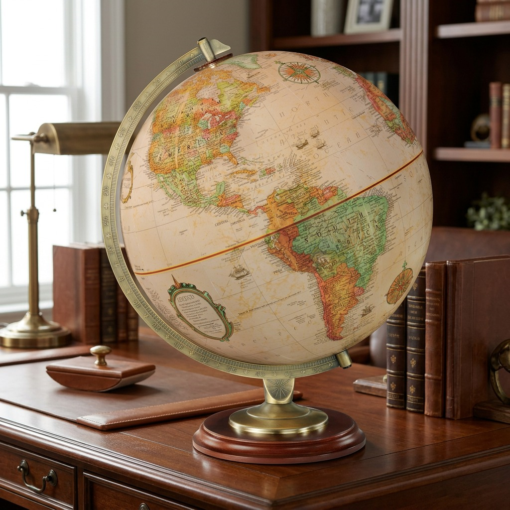 A 12" French-language Replogle Kingston antique ocean desk globe displayed on a rich, polished wood library desk.