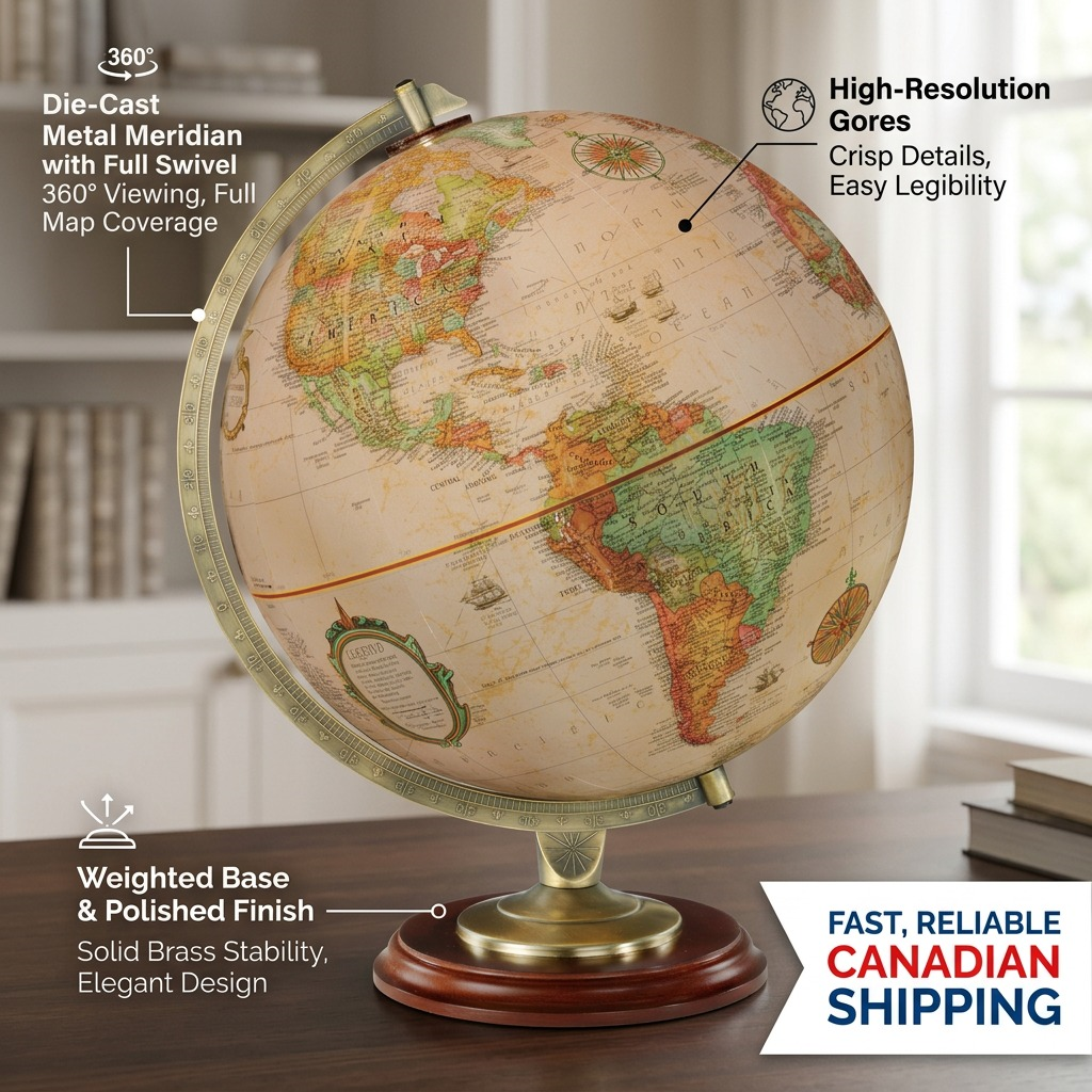 Operational features of the Replogle Kingston desk globe are highlighted in a professional infographic.