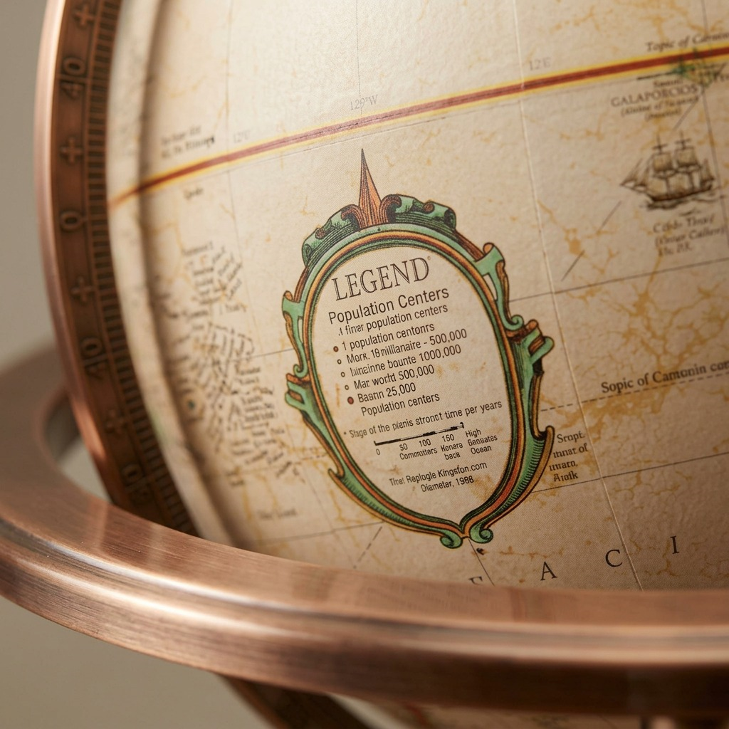 Macro detail photography captures the intricate French text and 'population centers' legend printing on the antique-style ocean surface of the Replogle Kingston globe.