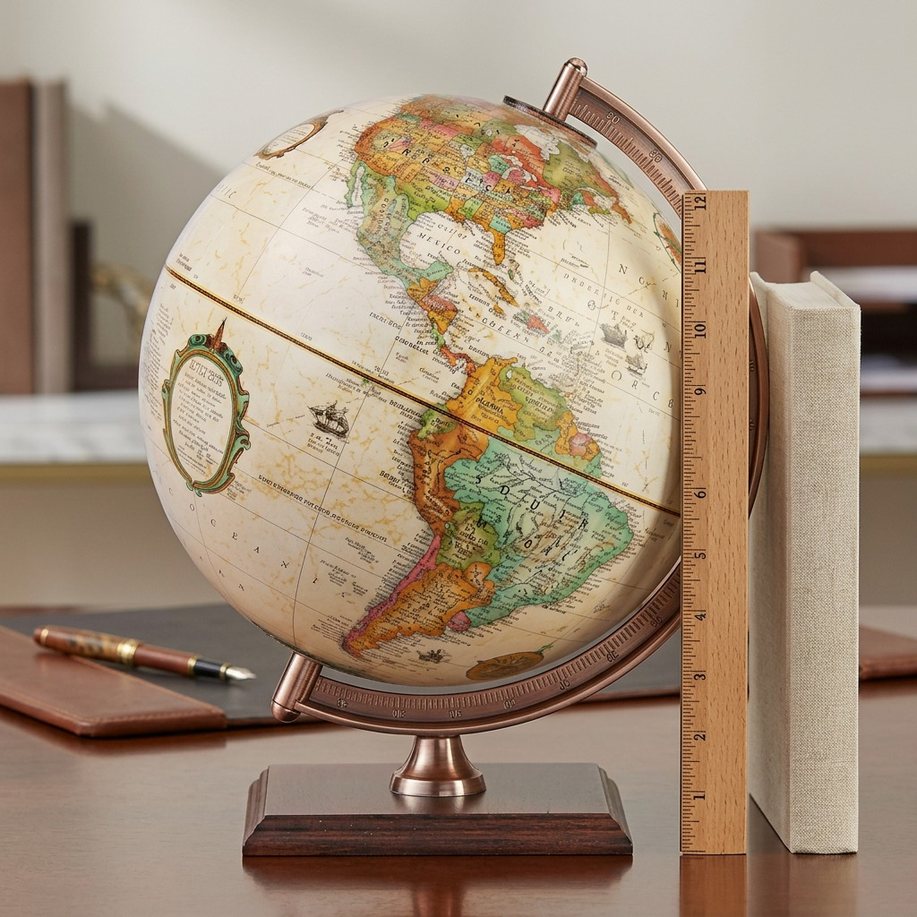 A scale-reference image showing the detailed 9" antique ocean desk globe beside a hardcover book and an apple on a wooden desk.