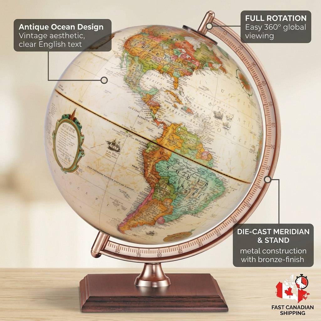 A detail shot of the Replogle Forester 9" desk globe with clear pointer callouts explaining its key operational features.