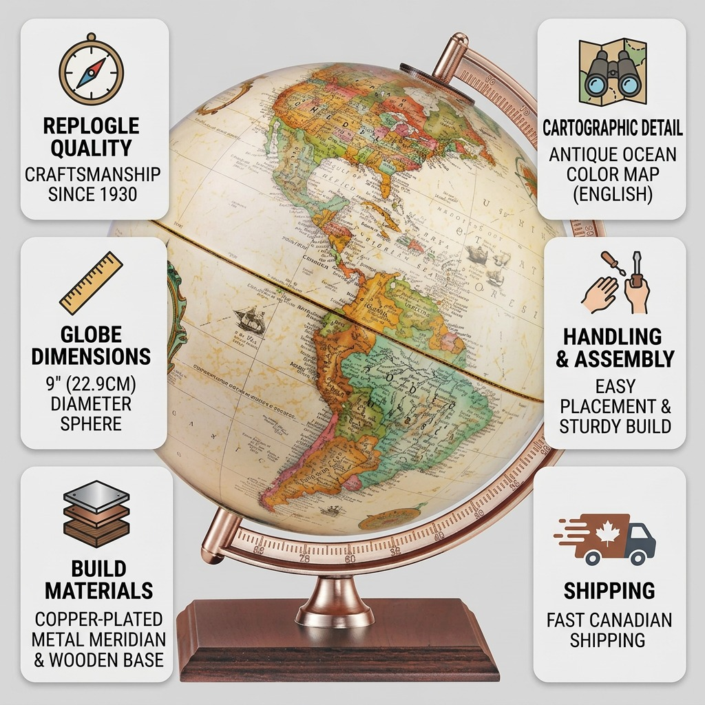 Trust and authority infographic for Replogle 9" Desk Globe, highlighting dimensions, materials, and features.