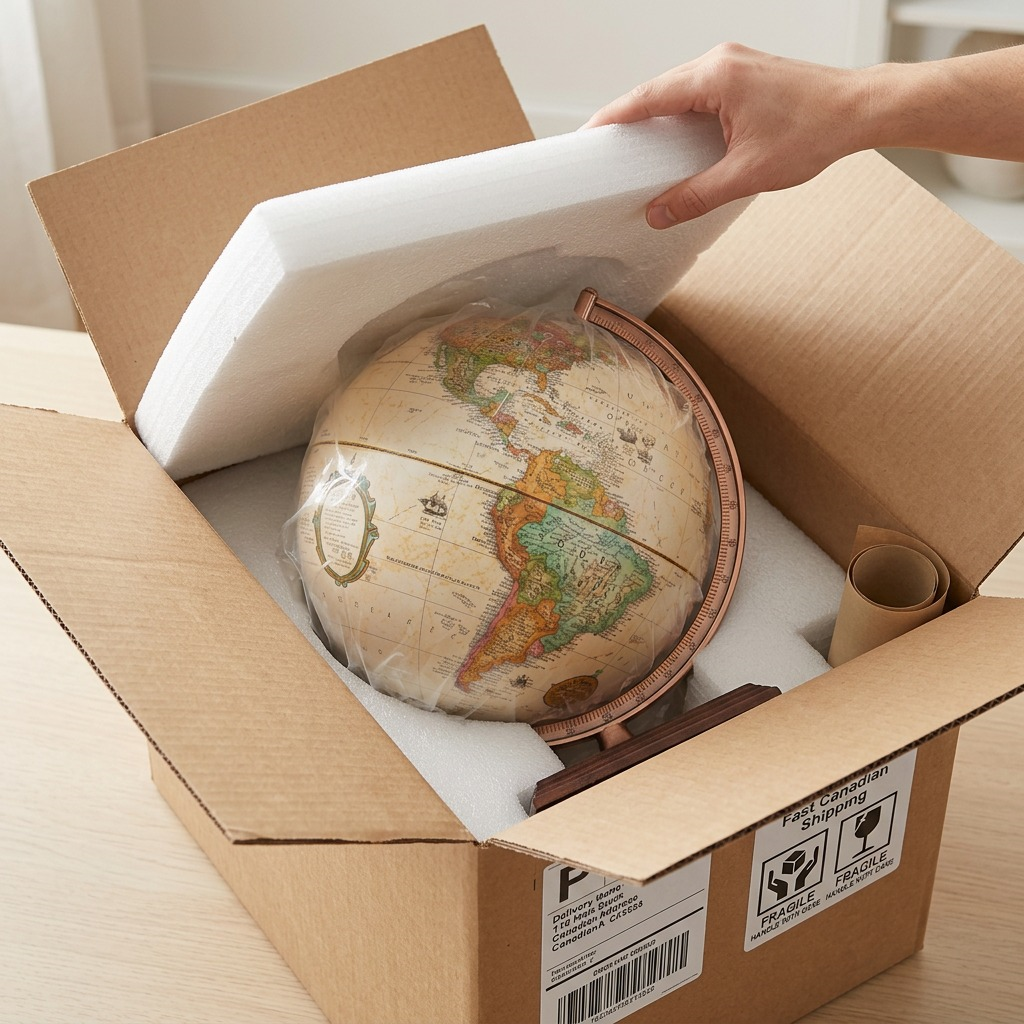 A photo-realistic scene of the custom-packaged Repegle Globe, showing foam padding and protective fitment.