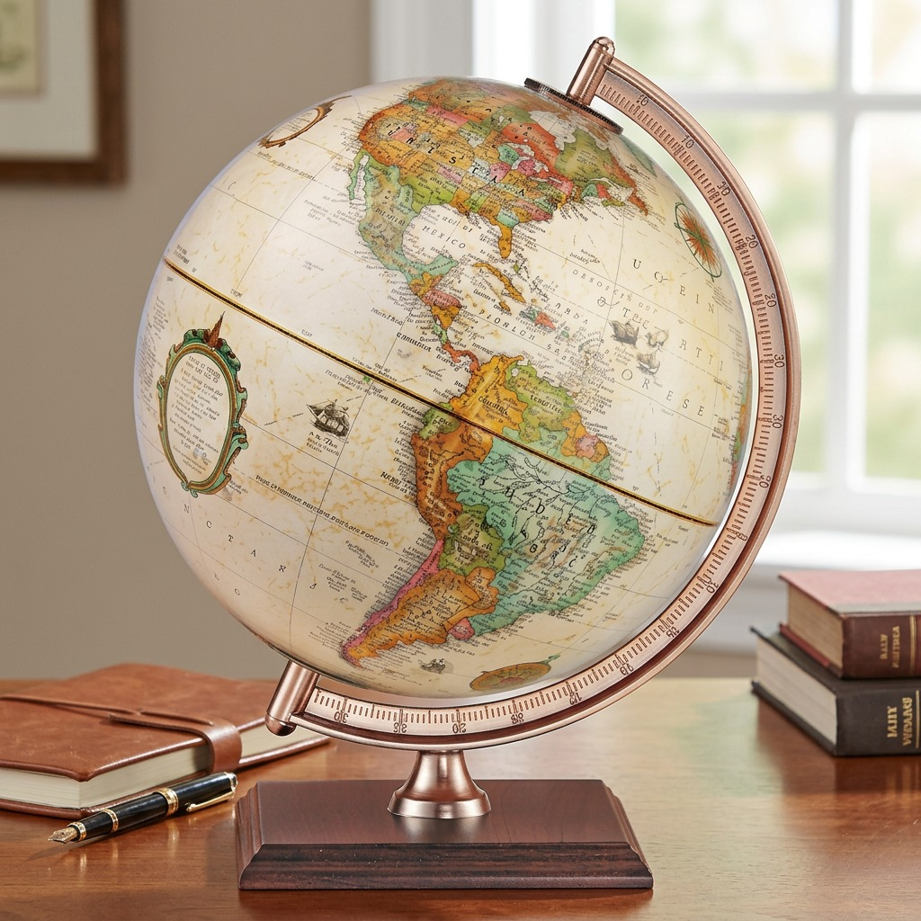 Replogle Forester desk globe with copper-finished meridian and wood base on a home office desk.