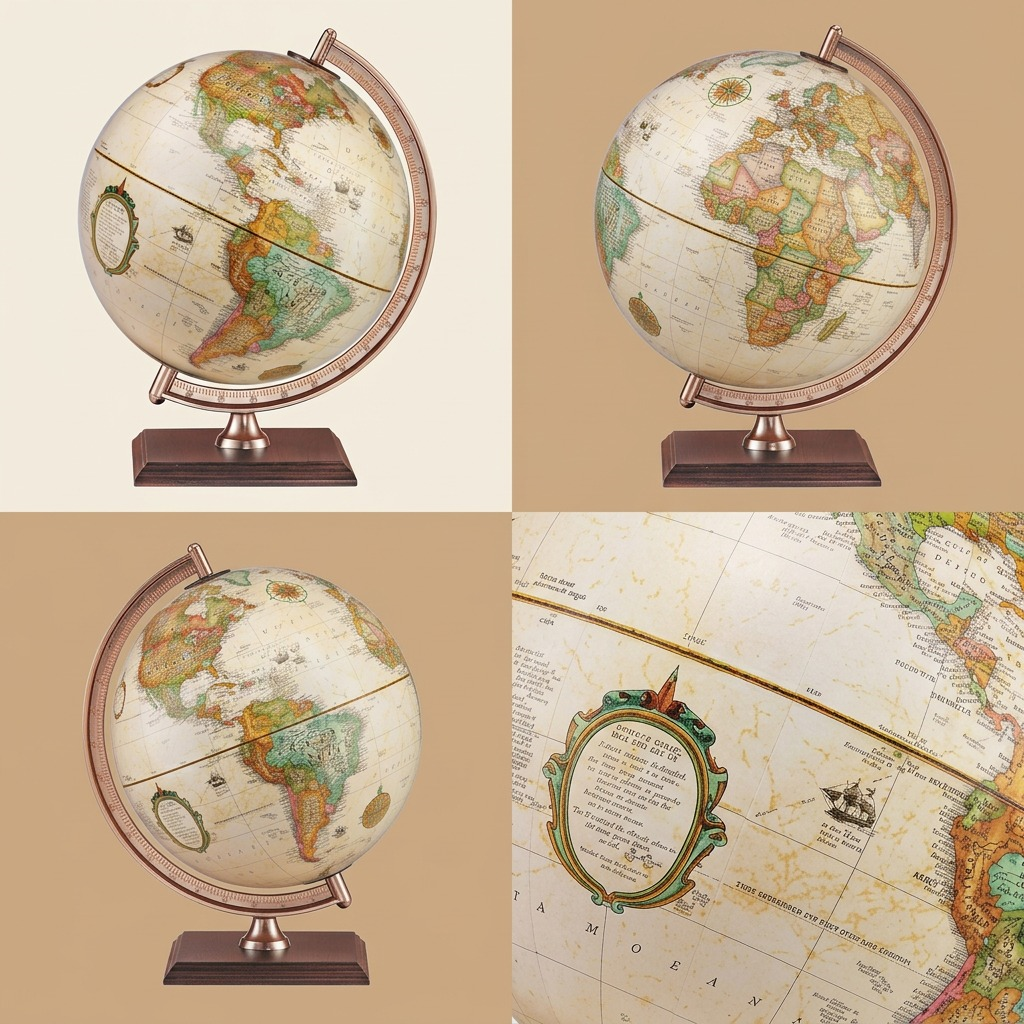 A clean, premium product variant grid displaying four different views of the Replogle Globes Forester Desk Globe. Each image is high-resolution, featuring accurate colors, textures, and the specific antique ocean map detail as seen in the original canonical product image, presented without text labels on a neutral, multi-panel background.
