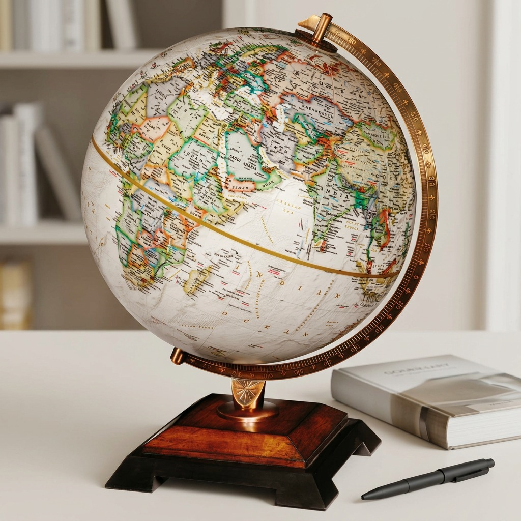 Photograph showing the antique parchment desktop globe from image 0 on a desk next to a book and pen for scale.