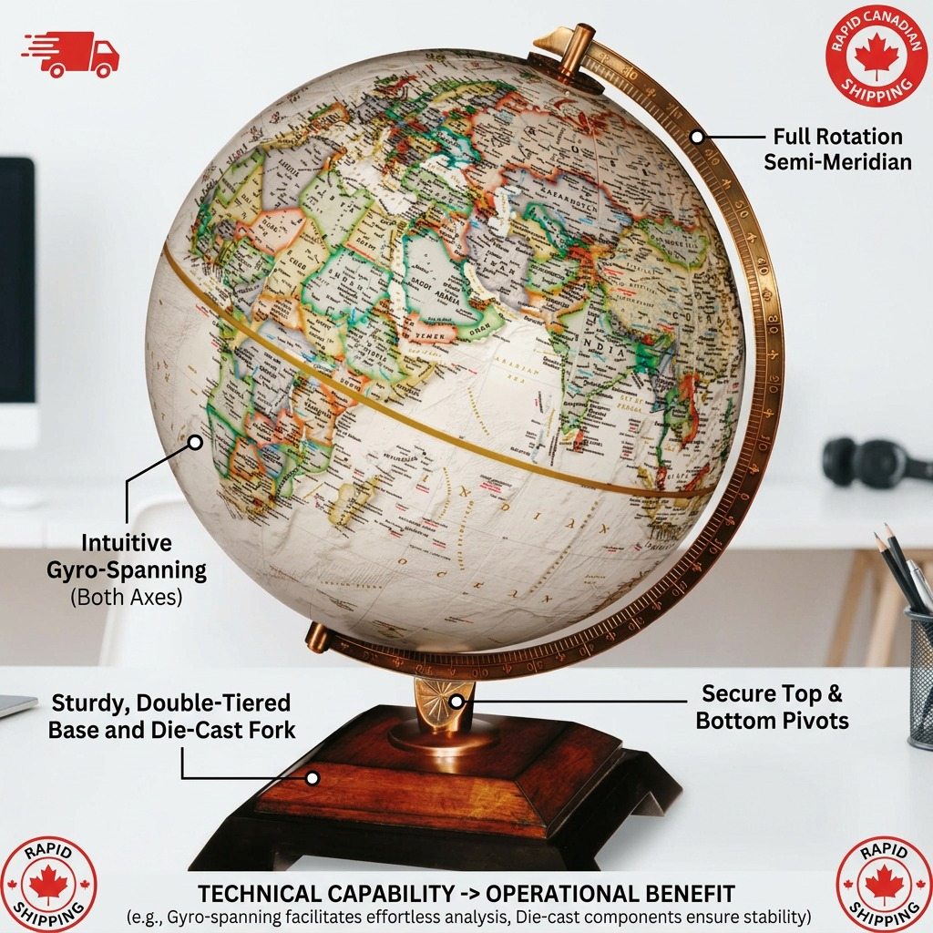 An operational feature callout visual for the Replogle Bingham desk globe, identifying key interactive components.