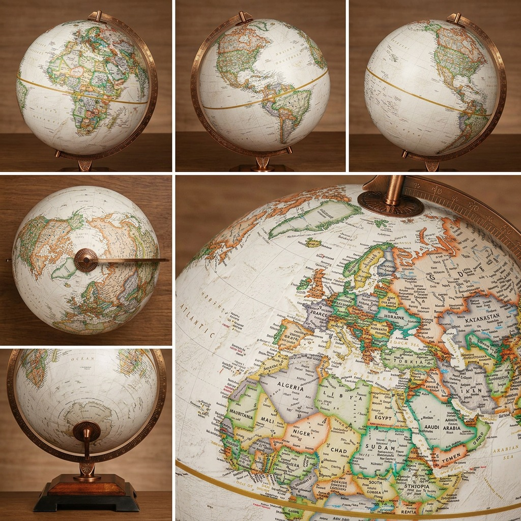 Replogle Globes Bingham 12" desk globe displayed from six distinct, detailed angles on a grid with a subtle wooden background.