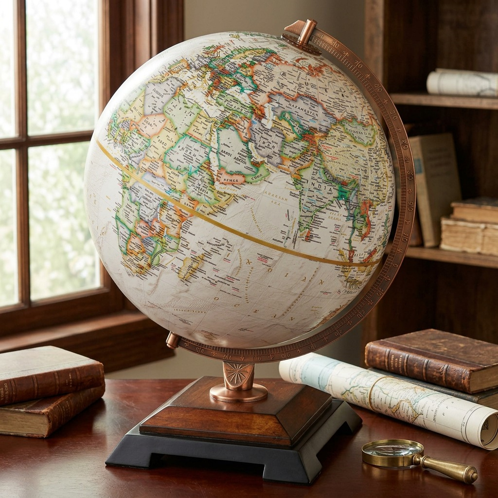 A detailed desktop scene with the Replogle National Geographic Bingham 12" Antique Parchment Ocean desktop globe on its wooden base.