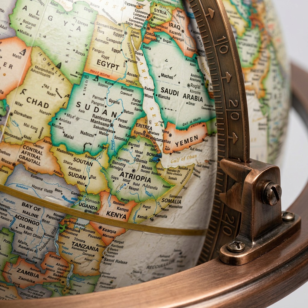 A macro photo of the Bingham globe's parchment-style ocean texture, detailed map printing, and metal semi-meridian edge.