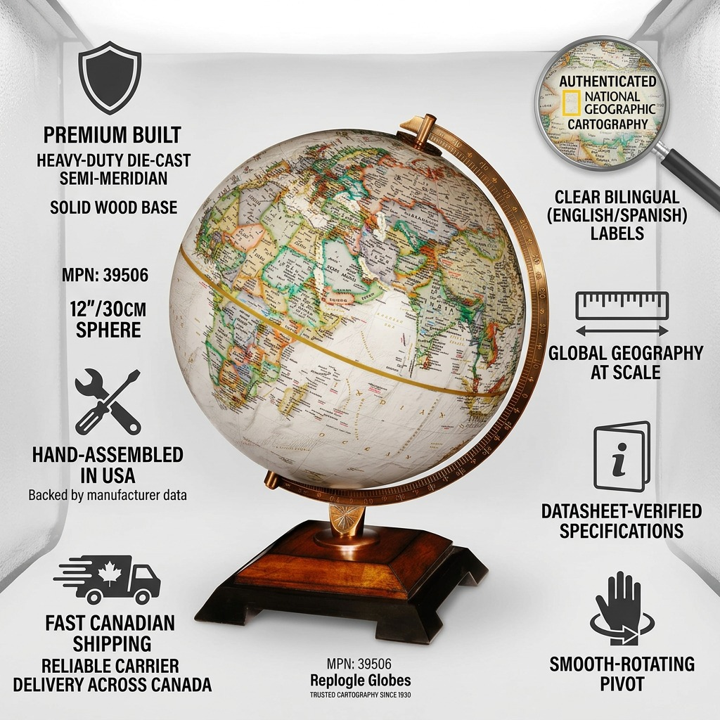 A composite infographic showing the detailed globe product from image_0.png, surrounded by confidence-building icons and factual text about its materials, manufacturing by Replogle Globes, and reliable Canadian shipping.