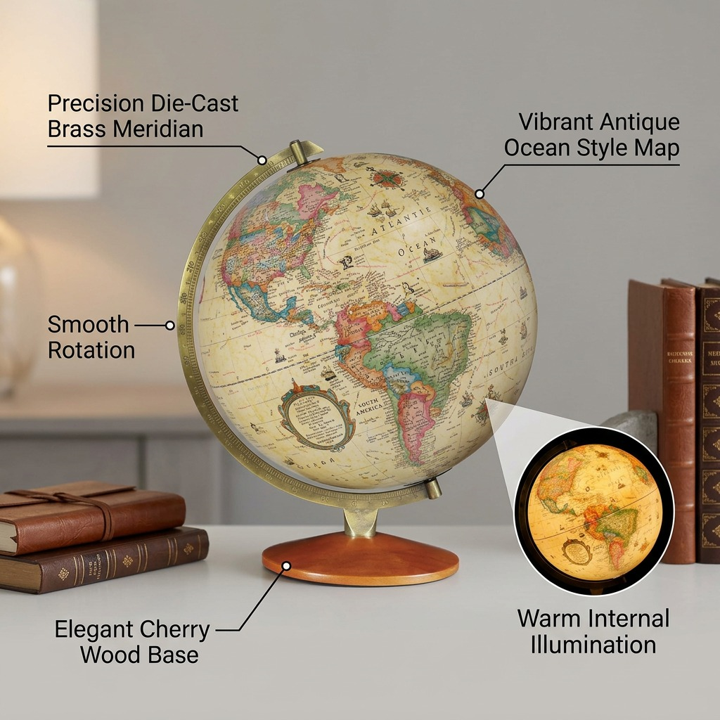 Product shot of the Replogle Odessa illuminated desk globe with callouts highlighting operational features.