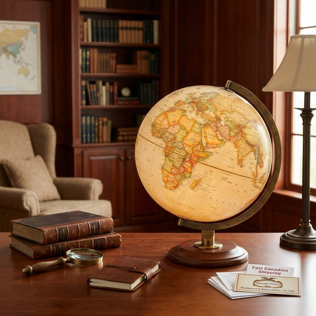 A lifestyle view of the Replogle Globes Odessa desk globe in an illuminated study, highlighting its warm, decorative antique look.